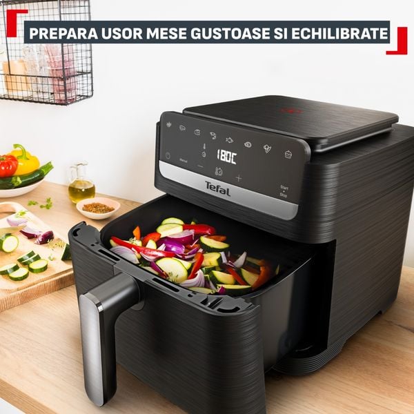 Friteuza cu aer cald Tefal Easy Fry Mega Compact EY8618E0, 2020 W, capacitate 7.5 L, - Ai fryer cu 8 programe automate, temperatura ajustabila, display digital, oprire automata, negru 