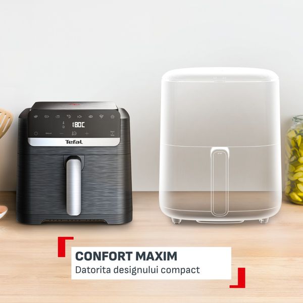 Friteuza cu aer cald Tefal Easy Fry Mega Compact EY8618E0, 2020 W, capacitate 7.5 L, - Ai fryer cu 8 programe automate, temperatura ajustabila, display digital, oprire automata, negru 