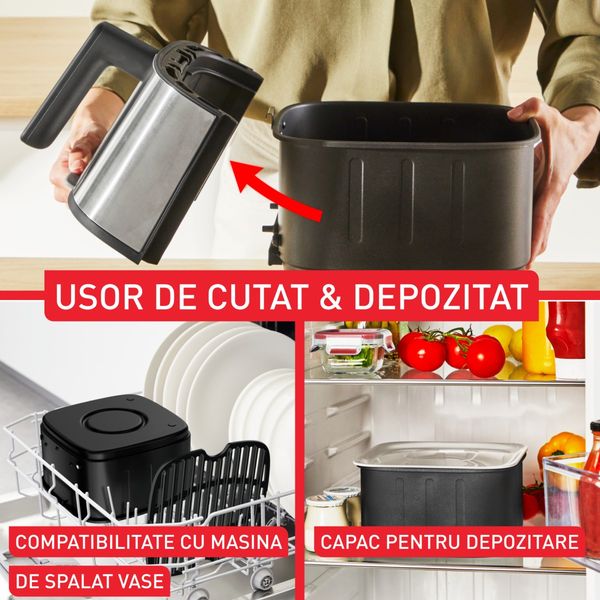 Friteuză cu aer cald Tefal Easy Fry Silence EY552DE0, 1670W, 5L - Air fryer cu 10 programe automate, ecran LCD, silențioasă, cu m&acirc;ner detașabil, cronometru, argintiu & negru