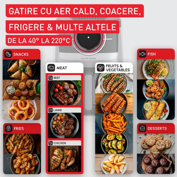 Friteuză cu aer cald Tefal Easy Fry Silence EY5728E1, 1670W, 5L, 11 programe, gătire silențioasă, funcție Smart Assist, display LCD, temperatură 40&deg;C - 220&deg;C, negru