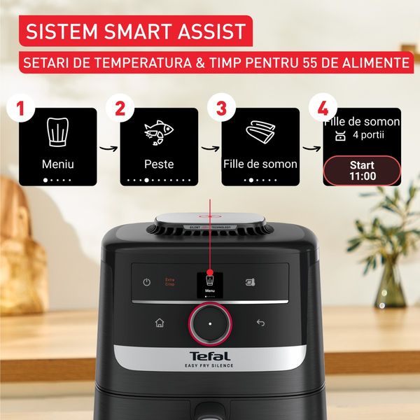 Friteuză cu aer cald Tefal Easy Fry Silence EY5728E1, 1670W, 5L, 11 programe, gătire silențioasă, funcție Smart Assist, display LCD, temperatură 40&deg;C - 220&deg;C, negru