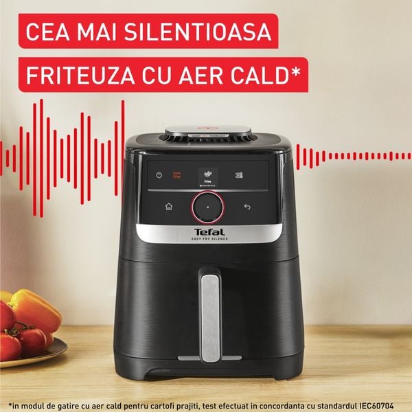 Friteuză cu aer cald Tefal Easy Fry Silence EY5728E1, 1670W, 5L, 11 programe, gătire silențioasă, funcție Smart Assist, display LCD, temperatură 40&deg;C - 220&deg;C, negru