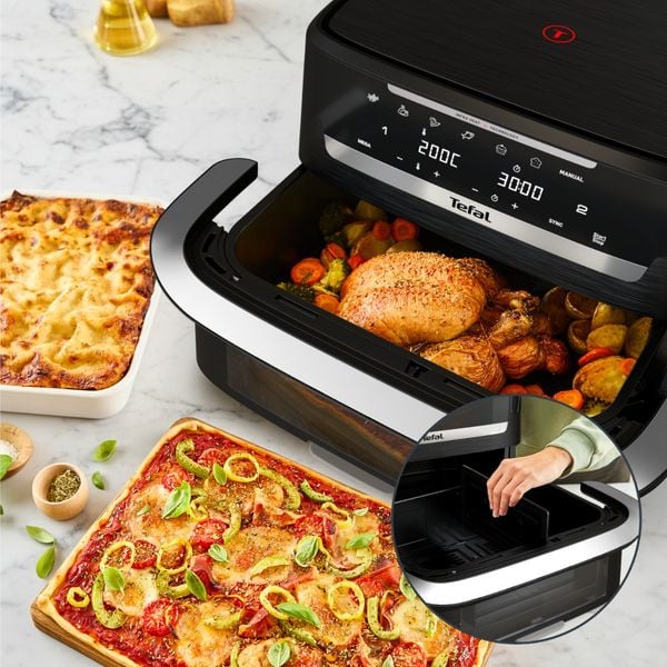 Friteuza cu aer cald Tefal Ever Fry Dual Flex EY9288E0, 2700 W, 9 L, - Air fryer cu 7 programe automate, tehnologie avansata Infra-Heat™, 11 functii, gatire pe 2 zone, ecran LCD, fereastra vizualizare, negru