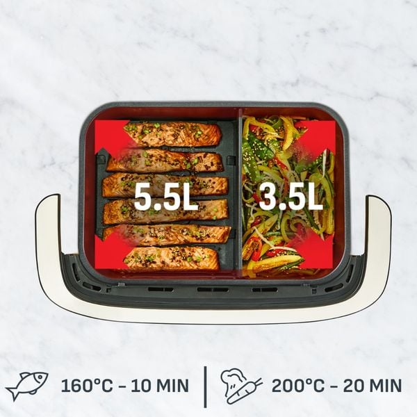 Friteuza cu aer cald Tefal Ever Fry Dual Flex EY9288E0, 2700 W, 9 L, - Air fryer cu 7 programe automate, tehnologie avansata Infra-Heat™, 11 functii, gatire pe 2 zone, ecran LCD, fereastra vizualizare, negru