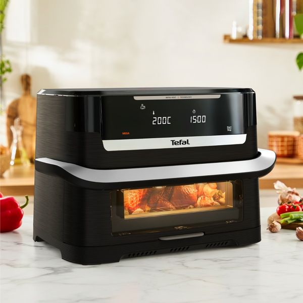 Friteuza cu aer cald Tefal Ever Fry Dual Flex EY9288E0, 2700 W, 9 L, - Air fryer cu 7 programe automate, tehnologie avansata Infra-Heat™, 11 functii, gatire pe 2 zone, ecran LCD, fereastra vizualizare, negru