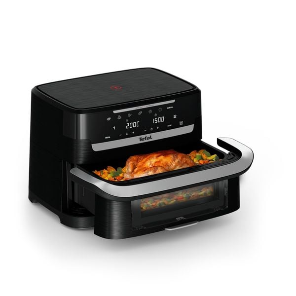 Friteuza cu aer cald Tefal Ever Fry Dual Flex EY9288E0, 2700 W, 9 L, - Air fryer cu 7 programe automate, tehnologie avansata Infra-Heat™, 11 functii, gatire pe 2 zone, ecran LCD, fereastra vizualizare, negru