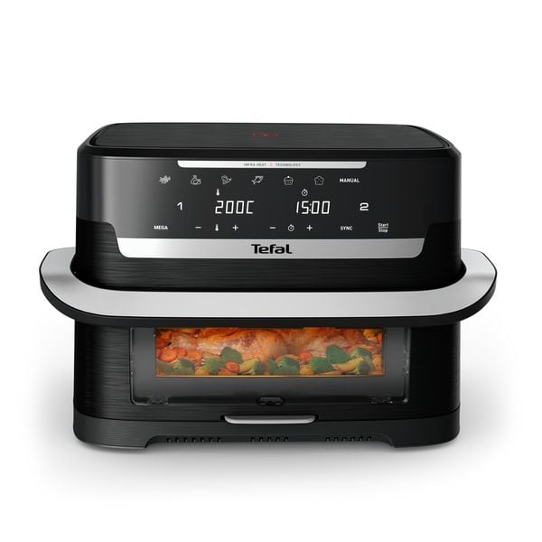 Friteuza cu aer cald Tefal Ever Fry Dual Flex EY9288E0, 2700 W, 9 L, - Air fryer cu 7 programe automate, tehnologie avansata Infra-Heat™, 11 functii, gatire pe 2 zone, ecran LCD, fereastra vizualizare, negru