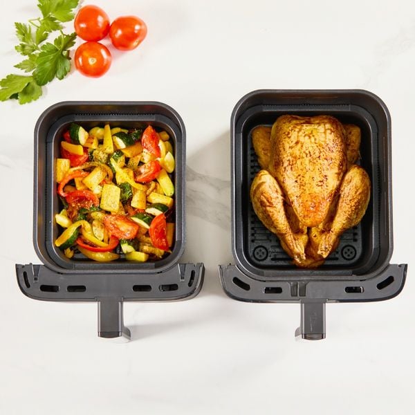 Friteuza dubla cu aer cald Tefal Easy Fry Crispy Stack EY7528E0, 2700 W, 10 L - Air fryer cu 7 programe automate, 2 compartimente, temperatura ajustabila, display digital, oprire automata, negru