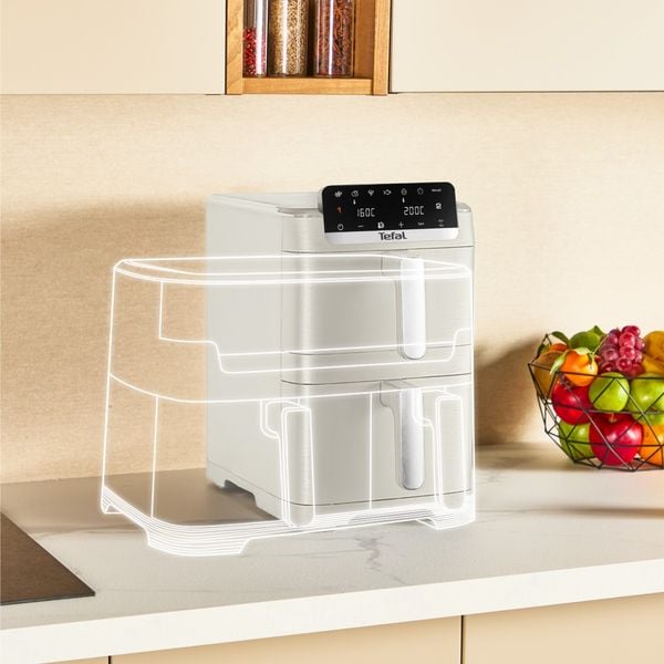 Friteuza dubla cu aer cald Tefal Easy Fry Crispy Stack EY752AE0, 2700 W, 10 L - Air fryer cu 7 programe automate, 2 compartimente, temperatura ajustabila, display digital, oprire automata, bej