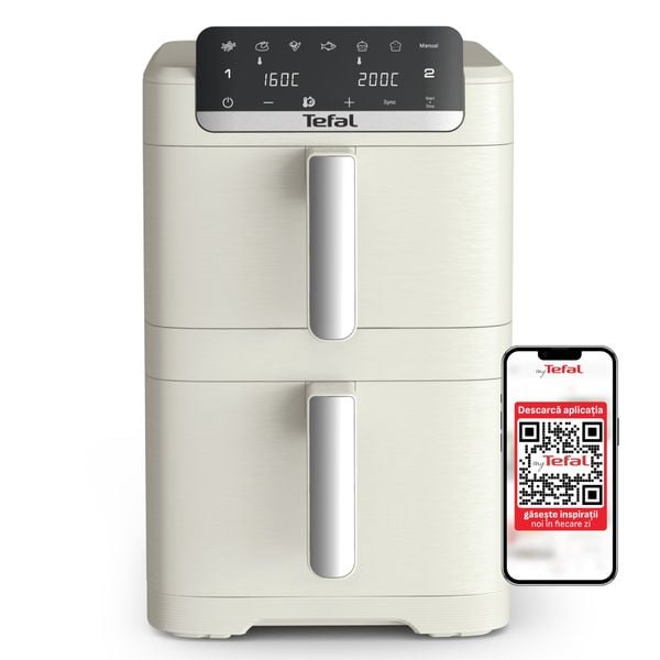 Friteuza dubla cu aer cald Tefal Easy Fry Crispy Stack EY752AE0, 2700 W, 10 L - Air fryer cu 7 programe automate, 2 compartimente, temperatura ajustabila, display digital, oprire automata, bej