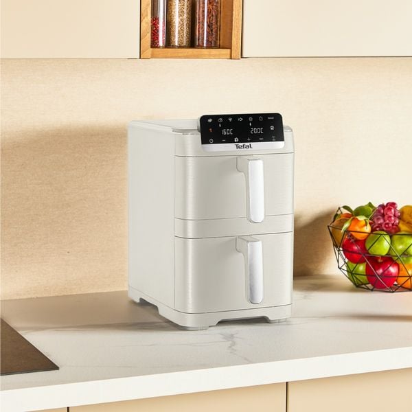 Friteuza dubla cu aer cald Tefal Easy Fry Crispy Stack EY752AE0, 2700 W, 10 L - Air fryer cu 7 programe automate, 2 compartimente, temperatura ajustabila, display digital, oprire automata, bej