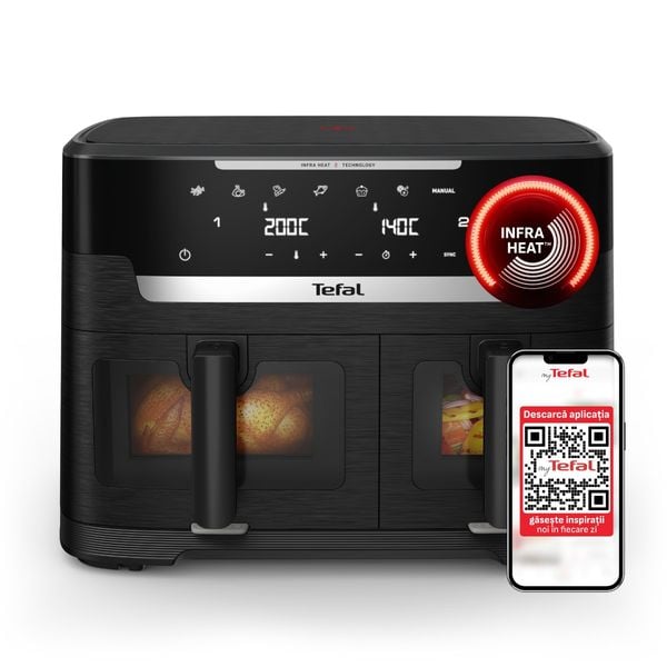 Friteuza dubla cu aer cald Tefal Ever Fry XXL Dual EY9478E0, 2700 W, 11 L - Air fryer cu 7 programe automate, tehnologie Infra-Heat™, 2 compartimente 6.5 L + 4.5 L, functie Sync, fereastra vizualizare, oprire automata, negru