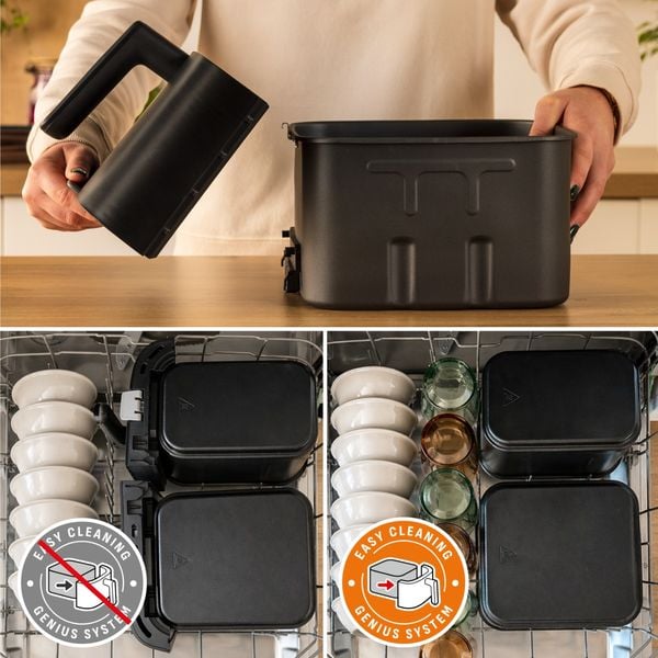 Friteuza dubla cu aer cald Tefal Ever Fry XXL Dual EY9478E0, 2700 W, 11 L - Air fryer cu 7 programe automate, tehnologie Infra-Heat™, 2 compartimente 6.5 L + 4.5 L, functie Sync, fereastra vizualizare, oprire automata, negru
