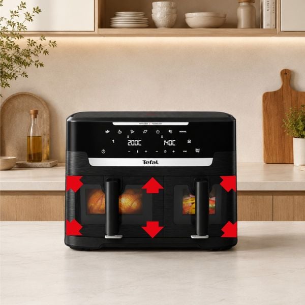 Friteuza dubla cu aer cald Tefal Ever Fry XXL Dual EY9478E0, 2700 W, 11 L - Air fryer cu 7 programe automate, tehnologie Infra-Heat™, 2 compartimente 6.5 L + 4.5 L, functie Sync, fereastra vizualizare, oprire automata, negru
