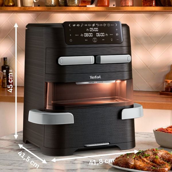 Friteuza cu aer cald Tefal Ever Fry Trio EY9678E0, 2850 W, 12L - air fryer cu 11 programe, tehnologie Infra-Heat™, invelis antiaderent, negru & argintiu Friteuza cu aer cald Tefal Ever Fry Trio EY9678E0, 2850 W, 12L - air fryer cu 11 programe, tehnologie Infra-Heat™, invelis antiaderent, negru & argintiu