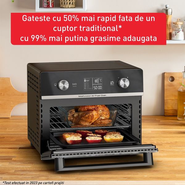 Cuptor cu aer cald Easy TEFAL Fry FW605810, 10 programe, 20 L, tehnologia Extra Crisp, ecran digital, negru Cuptor cu aer cald Easy TEFAL Fry FW605810, 10 programe, 20 L, tehnologia Extra Crisp, ecran digital, negru