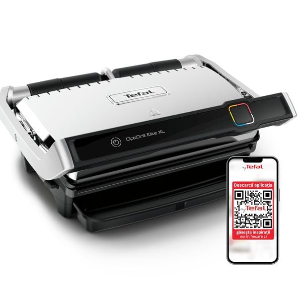 Grătar electric Tefal OptiGrill Elite XL GC760D30, 2200 W, 16 programe de gatit, senzor de gatire, indicator nivel de gătire, plci 40x20cm detașabile, termostat reglabil, negru/inox