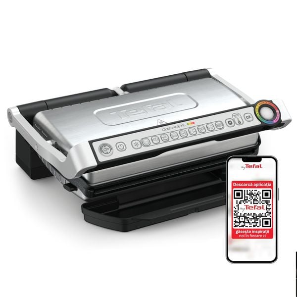 Grătar electric OptiGrill+ XL Snacking & Baking GC724D12, 9 programe, indicator nivel gătire, mod manual 4 nivele, plăci antiaderente din aluminiu turnat, tavă colectare lichide, tavă gustare și coacere, argintiu