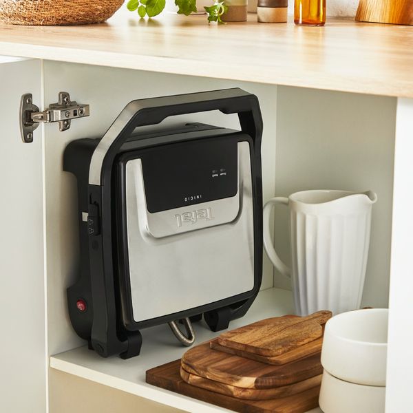 Gratar electric Tefal Inicio 2 in 1 GC271D10, 2000 W, pentru panini si grill, suprafata gatire 29 x 26 cm, pana la 6 portii, placi antiaderente, tava detasabila pentru suc, depozitare verticala, inox & negru
