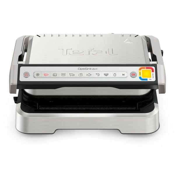 Grătar electric Tefal OptiGrill 2 &icirc;n 1 GC773D30, 2100W, clește inclus, 9 programe de gătire automate, indicator gătire, plăci detașabile cu &icirc;nveliș antiaderent, argintiu