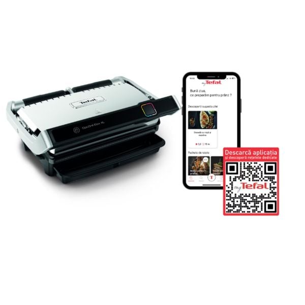 Grătar electric Tefal OptiGrill Elite XL GC760D30, 2200 W, 16 programe de gatit, senzor de gatire, indicator nivel de gătire, plci 40x20cm detașabile, termostat reglabil, negru/inox