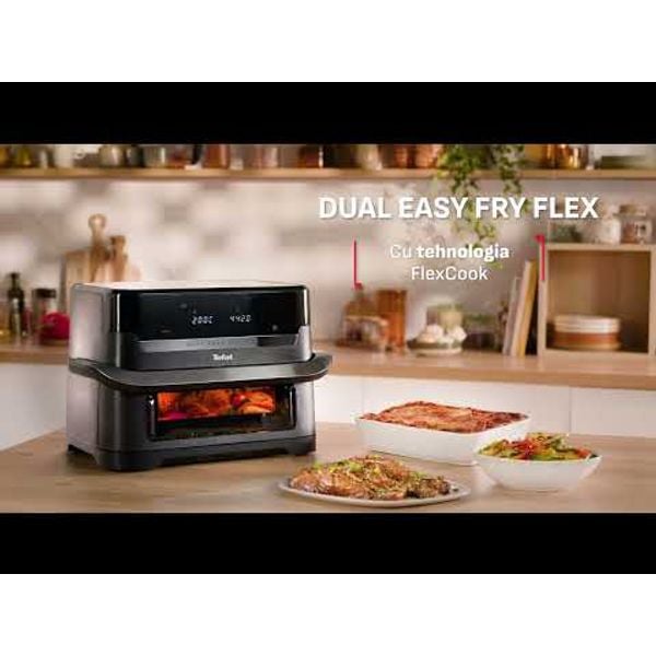 Friteuză dubla cu aer cald Tefal Dual Easy Fry Flex EY9228E0, 2700W, 9L, 7 programe, cuvă dublă, accesoriu FlexCook, oprire automată, display LCD, fereastră supraveghere, temperatură 40&deg;C - 200&deg;C, negru & argintiu