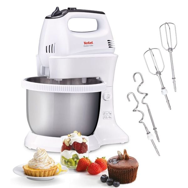 Mixer Quick Mix HT312138, 300 W, 5 trepte de viteză, funcție Turbo, bol rotativ 3.5 L, 2 teluri, 2 c&acirc;rlige, alb