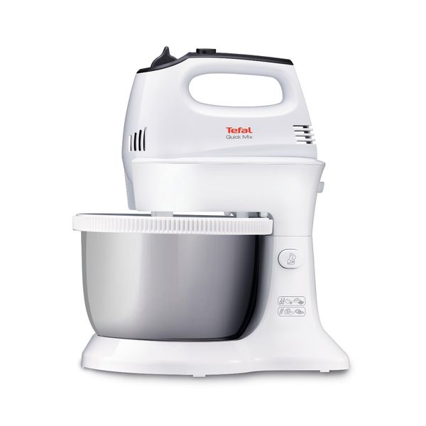 Mixer Quick Mix HT312138, 300 W, 5 trepte de viteză, funcție Turbo, bol rotativ 3.5 L, 2 teluri, 2 c&acirc;rlige, alb
