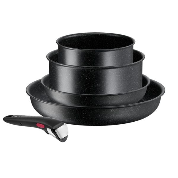 Set de 5 piese Tefal Ingenio Black Stone L3998953, tigaie 22/28 cm, cratita 16/20 cm, maner detasabil, invelis antiaderent Mineralia+, indicator Thermo-Signal&trade;, inductie, negru