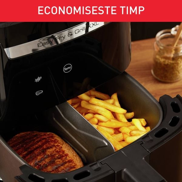 Air fryer 2 &icirc;n 1 cu aer cald și grătar Tefal Easy Fry & Grill XXL EY801815 , 8 programe, 6.3 L, 2 zone de gătire, &icirc;nveliș antiaderent, negru