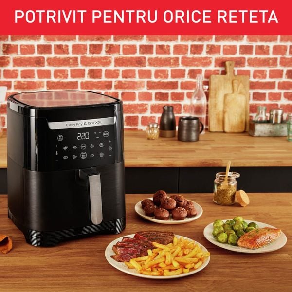 Air fryer 2 &icirc;n 1 cu aer cald și grătar Tefal Easy Fry & Grill XXL EY801815 , 8 programe, 6.3 L, 2 zone de gătire, &icirc;nveliș antiaderent, negru