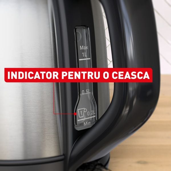Fierbator de apa Tefal Subito Mini KO5S2DE0, 2400 W, 1 L, inox, baza rotativa, oprire automata, filtru detasabil, argintiu & negru