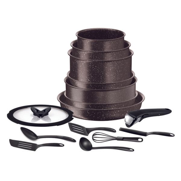 Set de 15 piese Ingenio Extreme L6789102, inducție, m&acirc;ner detașabil, &icirc;nveliş  Mineralia, Tehnologia&nbsp;Thermo-Spot&trade;, tabacco marble