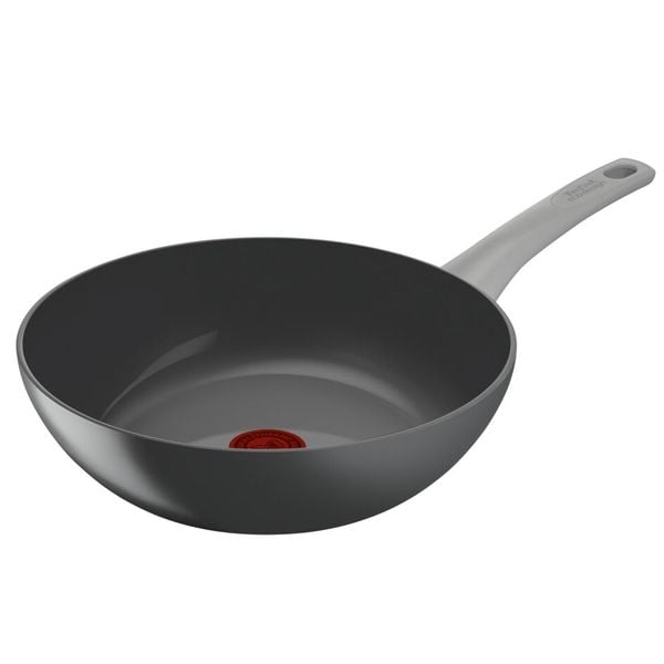 Tigaie wok 28 cm Tefal Renew On C4271932, 100% aluminiu reciclat, indicator Thermo-Signal, compatibil cu inductia, invelis ceramic, gri