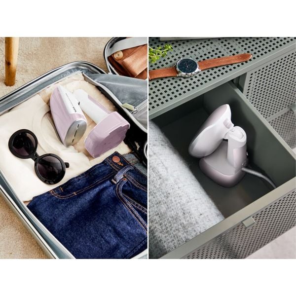 Aparat de călcat vertical pliabil Tefal ACCESS STEAM POCKET DT3050E1, 1300W, abur variabil 20 g/min, oprire automata, husă pentru transport, alb & roz