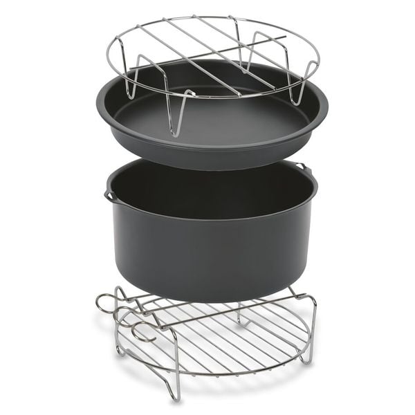 Set 4 accesorii Tefal XA112010, 17 cm, compatibile cu friteuzele cu aer cald Easy Fry XL, tavă pentru pizza, vas pentru copt, grătar pentru friptură, suport pentru frigărui, inox și strat antiaderent, seriile EY1xxx, EY2xxx, EY5xxx, CY754xxx, negru