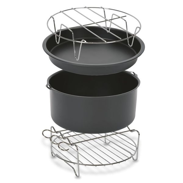 Set 4 accesorii Tefal XA113010, 20 cm, compatibile cu friteuzele Easy Fry XXL, tavă pentru pizza, vas pentru copt, grătar pentru friptură, suport pentru frigărui, inox și strat antiaderent, negru