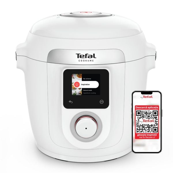 Multicooker inteligent cu gatire sub presiune Tefal Cook4Me Wi-Fi 10 in 1 CY9621F2, 10 programe de gatire, vas ceramic antiaderent 6 L, Wi-Fi, ecran LCD, aplicatie dedicata, pana la 6 persoane, alb