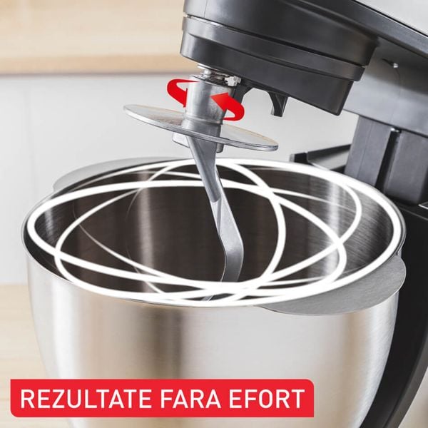 Robot de bucătărie Tefal Bake Essential QB161H38, 800W, capacitate vas 4.8 L, 3 funcții - tel, accesoriu incorporare, c&acirc;rlig aluaturi grele, 6 trepte de viteză, negru