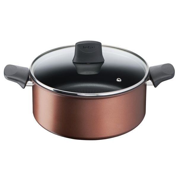 Oala cu capac Tefal Eco Respect G2544602, 24 cm, aluminiu, invelis antiaderent, indicator Thermo-Signal&trade;, capac din sticla, inductie, negru