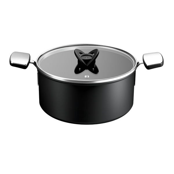 Oala cu capac Tefal Excellence+ G3284653, 24 cm, 5 L, invelis antiaderent, tehnologie FUSIONCORE, Thermo-Signal&trade;, manere nituite, aluminiu, inductie, negru