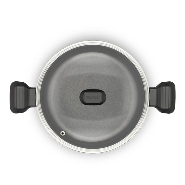 Oala cu capac Tefal So Intensive D5064662, 24 cm, aluminiu, invelis antiaderent Titanium Extra, capac din sticla, exterior emailat, negru