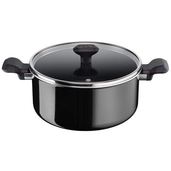 Oala cu capac Tefal So Intensive D5064662, 24 cm, aluminiu, invelis antiaderent Titanium Extra, capac din sticla, exterior emailat, negru