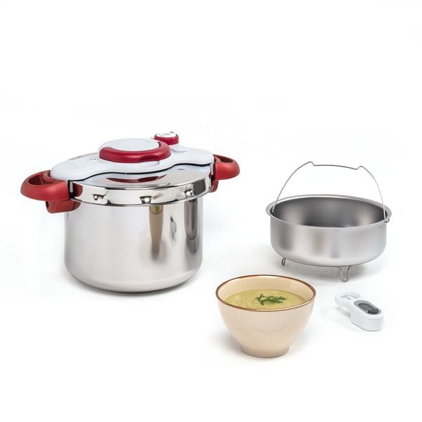 Oală sub presiune Tefal ClipsoMinut Perfect P4620733, 6 L, compatibil cu inducția, inox, indicator de presiune, 5 puncte de securitate, argintiu