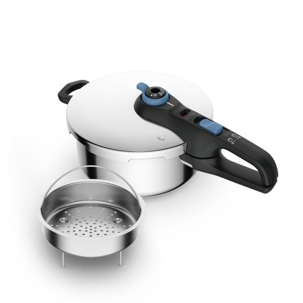 Oala sub presiune Tefal Secure Trendy P2580402, 4 L, sistem siguranta in 5 puncte, 2 programe de gatire, compatibil cu inductia, argintiu