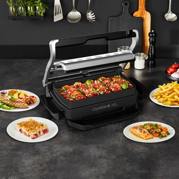 Grătar electric OptiGrill+ XL Snacking & Baking GC724D12, 9 programe, indicator nivel gătire, mod manual 4 nivele, plăci antiaderente din aluminiu turnat, tavă colectare lichide, tavă gustare și coacere, argintiu