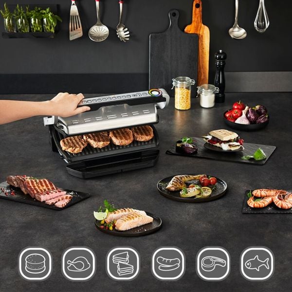 Grătar electric OptiGrill+ XL Snacking & Baking GC724D12, 9 programe, indicator nivel gătire, mod manual 4 nivele, plăci antiaderente din aluminiu turnat, tavă colectare lichide, tavă gustare și coacere, argintiu