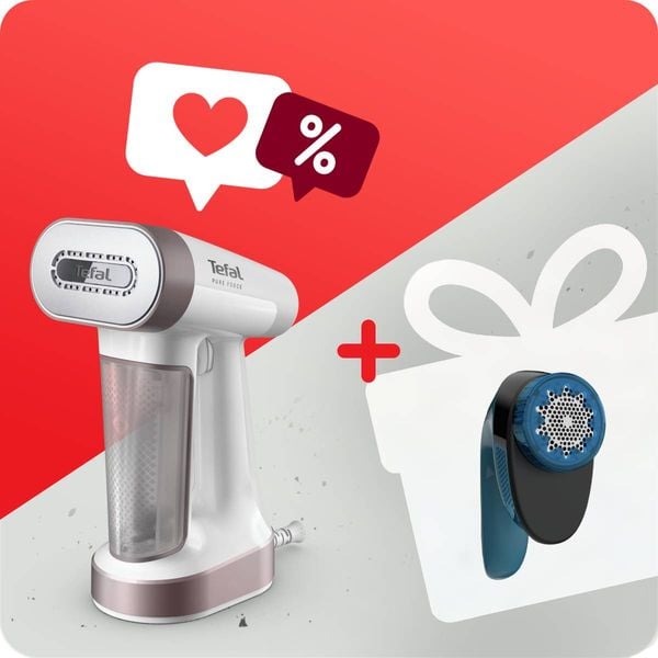 Pachet PROMO Aparat de călcat vertical cu abur 2 &icirc;n 1 Tefal Pure Force DT8720E0 & Aparat pentru &icirc;ndepărtarea scamelor JB1011E0