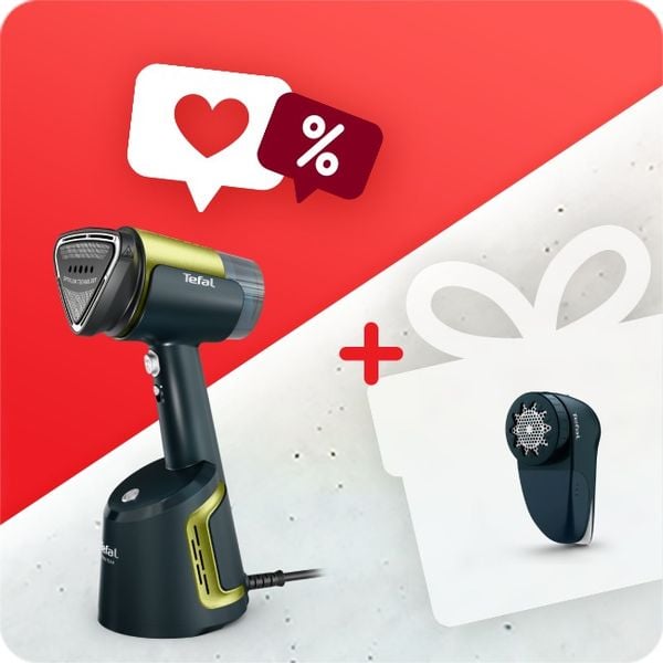 Pachet PROMO Aparat de călcat vertical cu abur Tefal AeroSteam DT9810F0 & Aparat de curățat scame Tefal JB7002E0