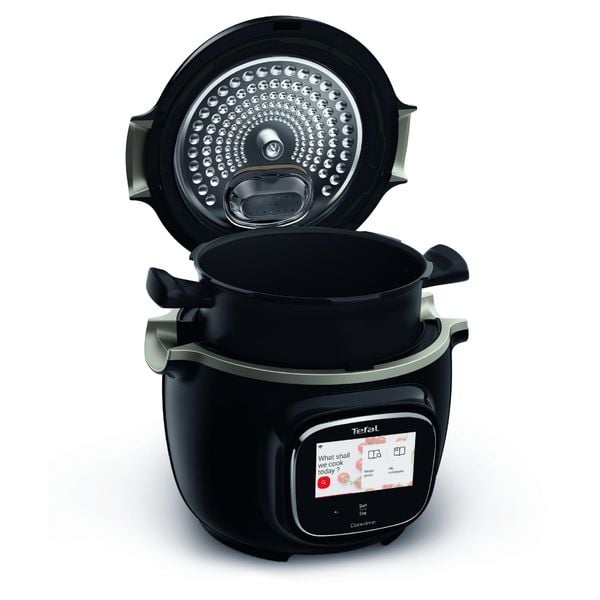 Pachet PROMO Multicooker inteligent cu gătire sub presiune Tefal Cook4me Touch CY912831 & Set de 8 recipiente de sticla cu capac si suport Tefal XA6140E0